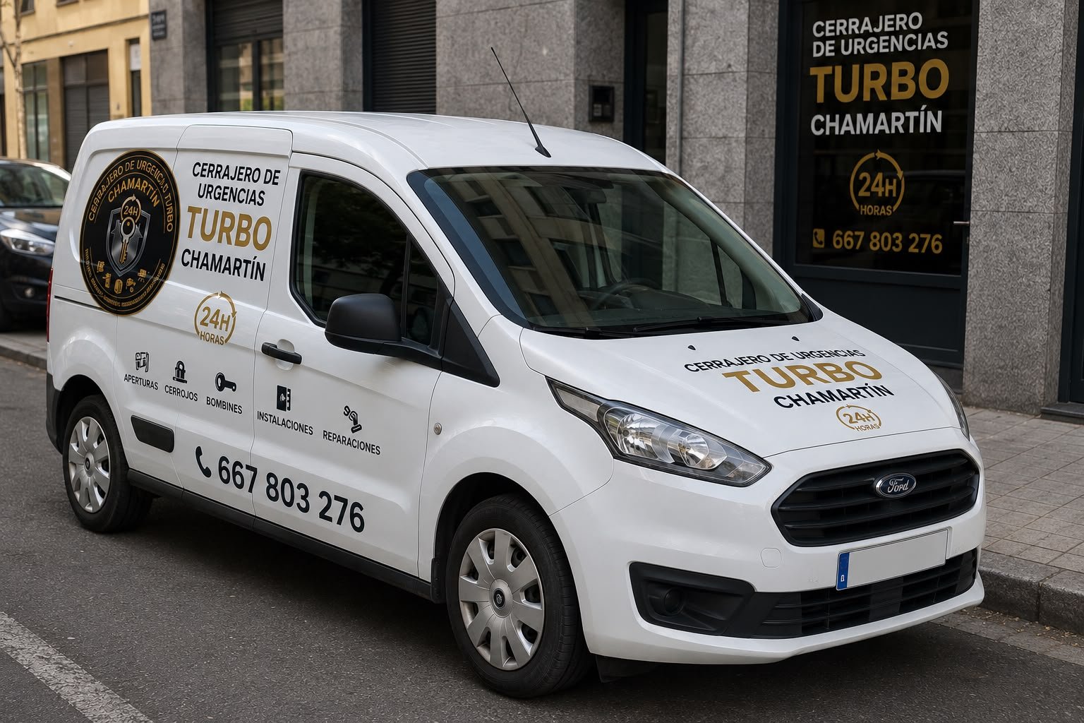 Furgoneta rotulada de Cerrajero Turbo Chamartín 24 horas en Madrid